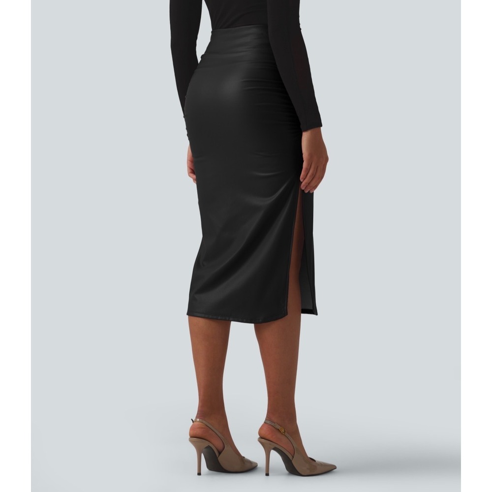 Halara Black PU Faux Leather Fleece Lined 2-in-1 Midi Skirt High Waist Ruched M